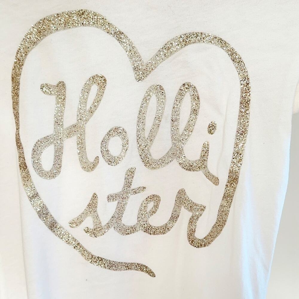Y2K Hollister Glitter Heart Graphic Baby Tee White Fitted Spellout Shirt XS - Picture 4 of 9